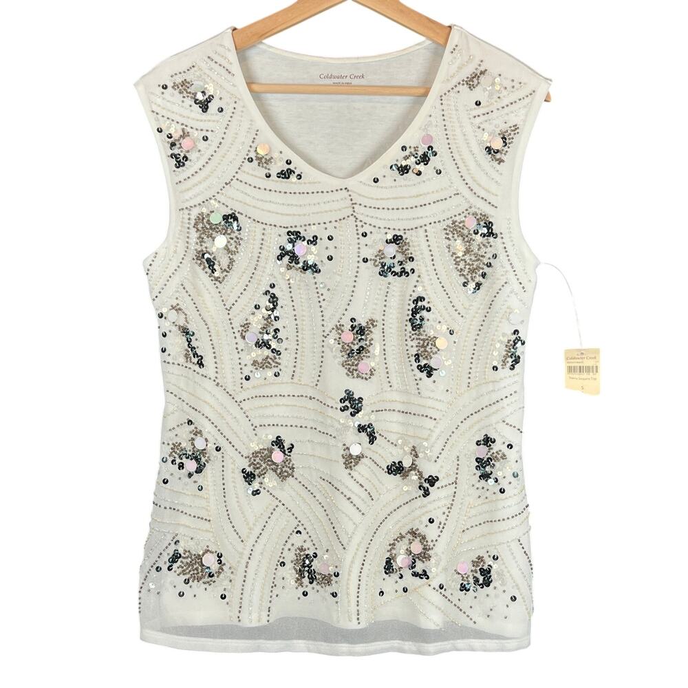 Coldwater Creek Womens S 8 White Sleeveless Pullover Starry Sequin Top